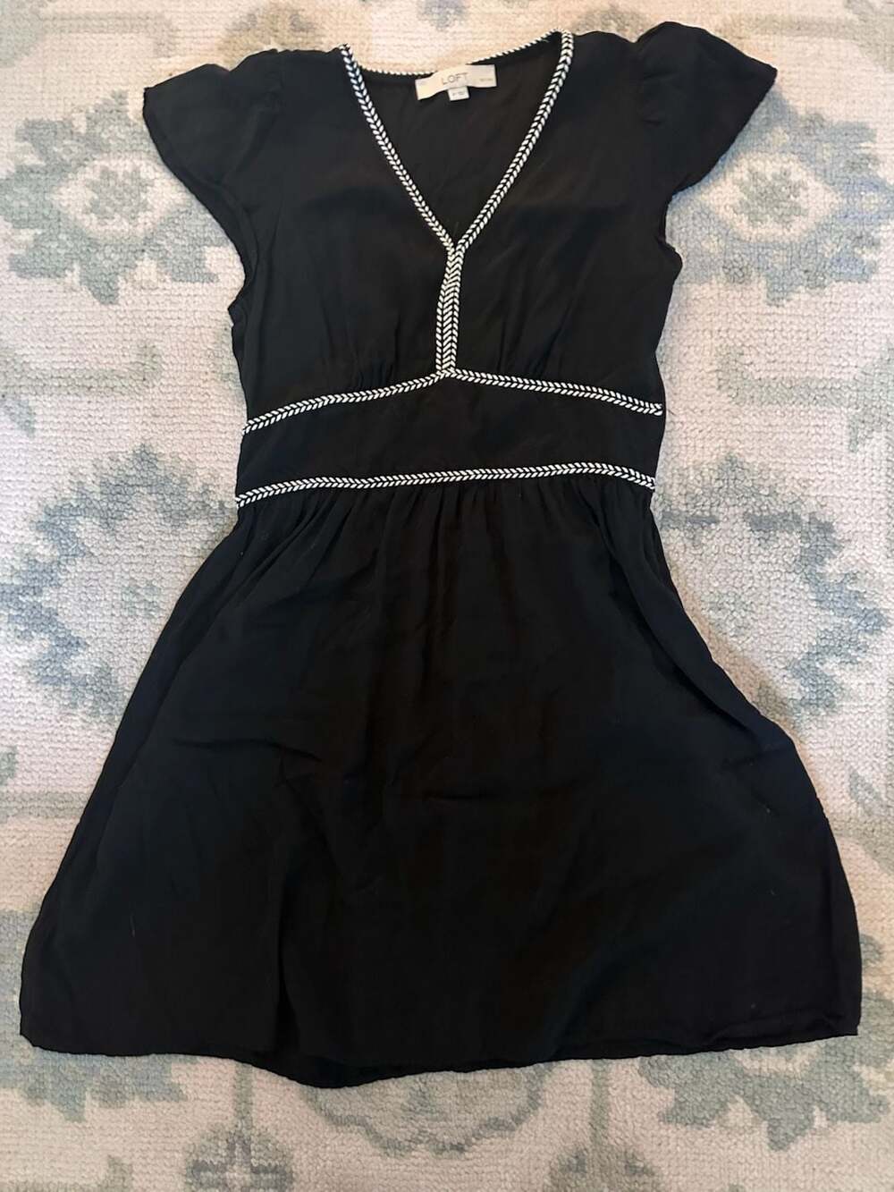 LOFT Braided V-Neck Flutter Sleeve Black Mini Dress